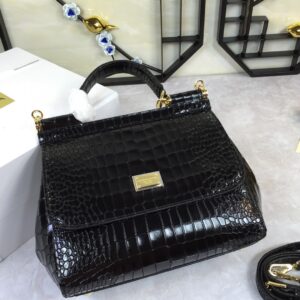 Dolce & Gabbana Medium Sicily Bag In Foiled Crocodile-Print Black For Women 10.2in/26cm DG
