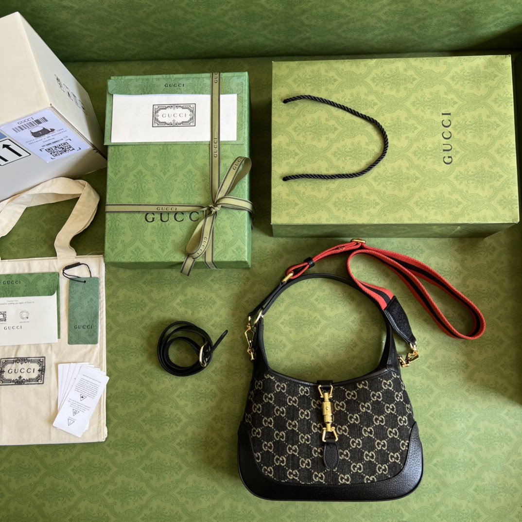 Gucci Jackie 1961 Small Shoulder Bag Black And Ivory GG Denim Jacquard For Women 11in/28cm 678843 UN3AG 1294 - Image 8