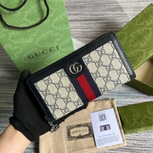 Gucci Ophidia GG Zip Around Wallet Beige With Red and Dark Blue Stripes With Silver Hardware For Men 8in/19cm GG