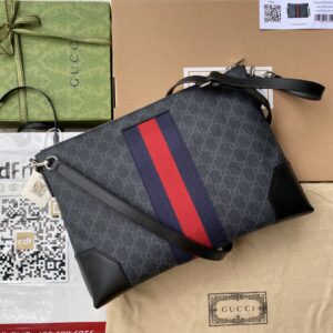 Alternative view of Gucci Black Messenger Black/Grey GG Supreme Canvas Blue And Red Web For Men 14in/35cm 474139 K5ICN 1095