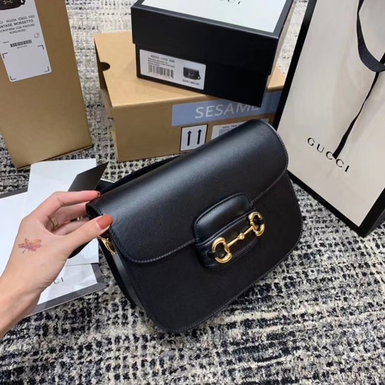 Gucci Horsebit 1955 Shoulder Bag Black Textured With A Vintage Effect For Women 9.8in/25cm GG 602204 1DB0G 1000