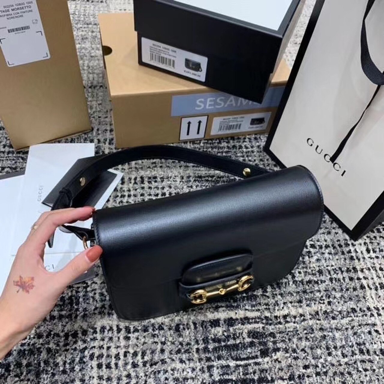 Gucci Horsebit 1955 Shoulder Bag Black Textured With A Vintage Effect For Women 9.8in/25cm GG 602204 1DB0G 1000