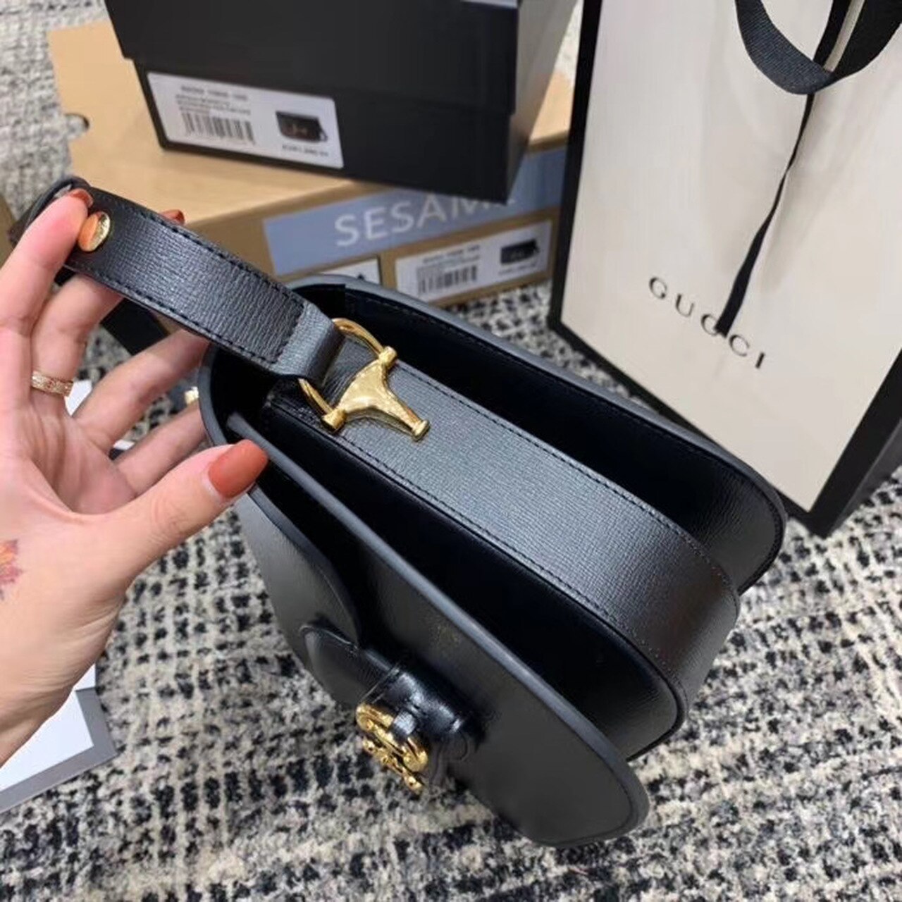 Gucci Horsebit 1955 Shoulder Bag Black Textured With A Vintage Effect For Women 9.8in/25cm GG 602204 1DB0G 1000