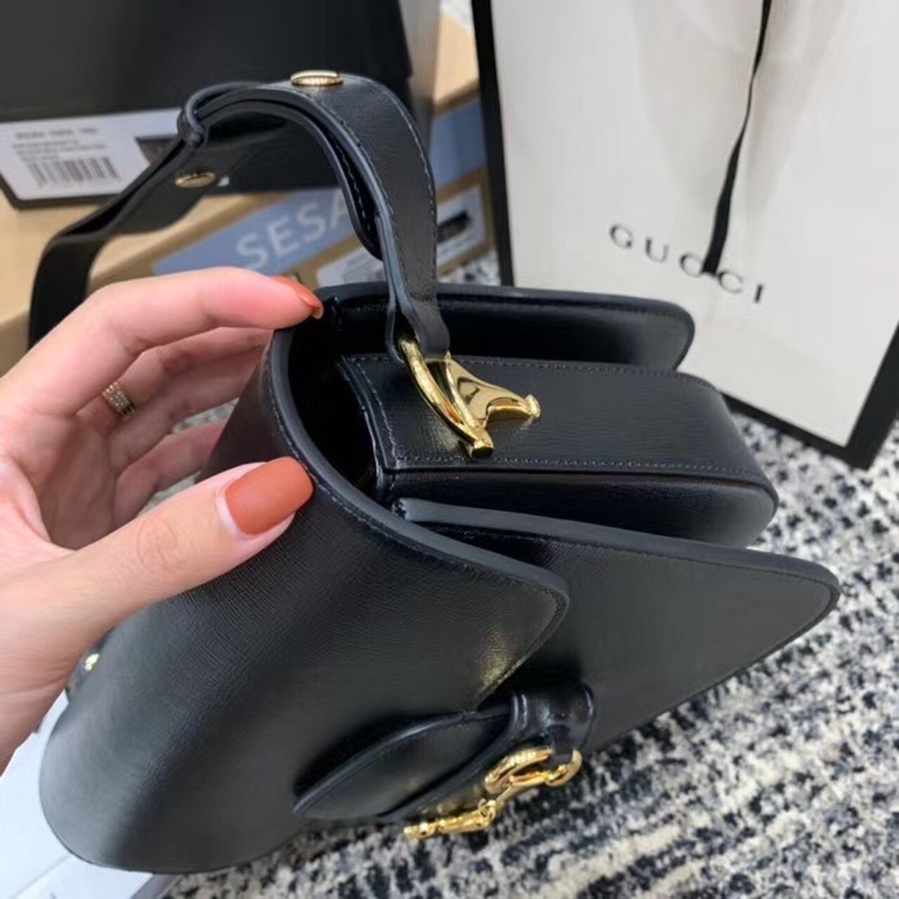Gucci Horsebit 1955 Shoulder Bag Black Textured With A Vintage Effect For Women 9.8in/25cm GG 602204 1DB0G 1000