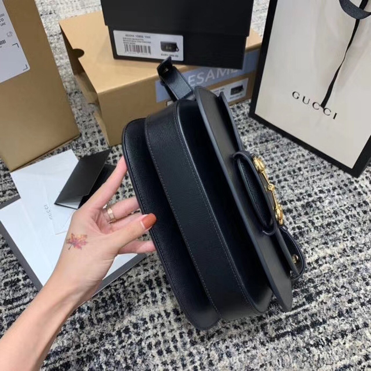 Gucci Horsebit 1955 Shoulder Bag Black Textured With A Vintage Effect For Women 9.8in/25cm GG 602204 1DB0G 1000