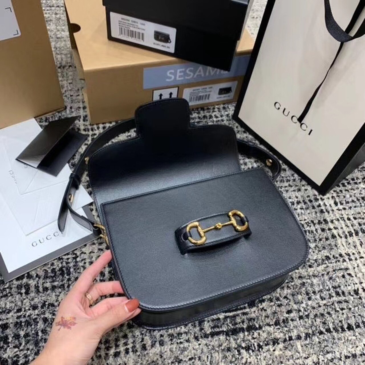 Gucci Horsebit 1955 Shoulder Bag Black Textured With A Vintage Effect For Women 9.8in/25cm GG 602204 1DB0G 1000