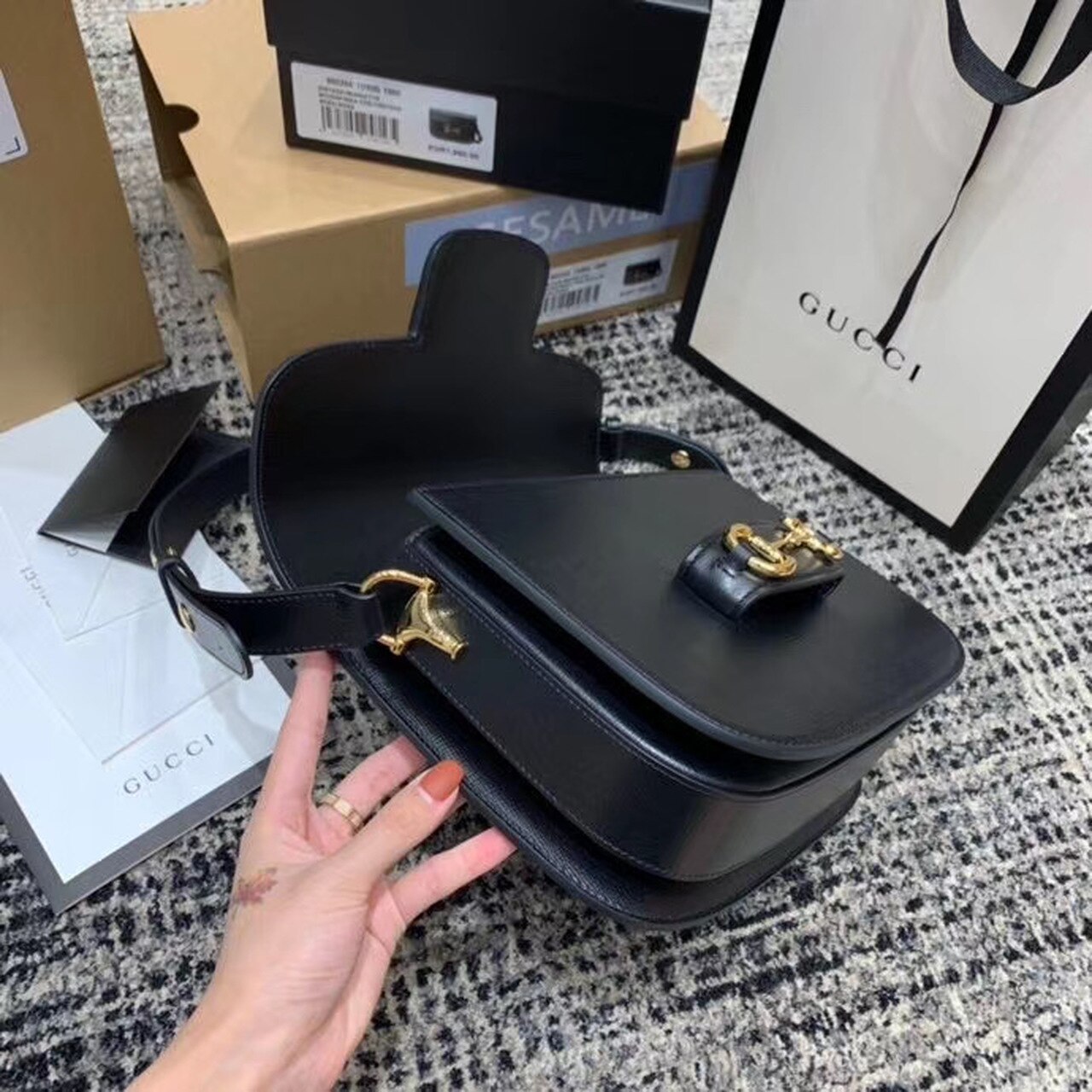 Gucci Horsebit 1955 Shoulder Bag Black Textured With A Vintage Effect For Women 9.8in/25cm GG 602204 1DB0G 1000