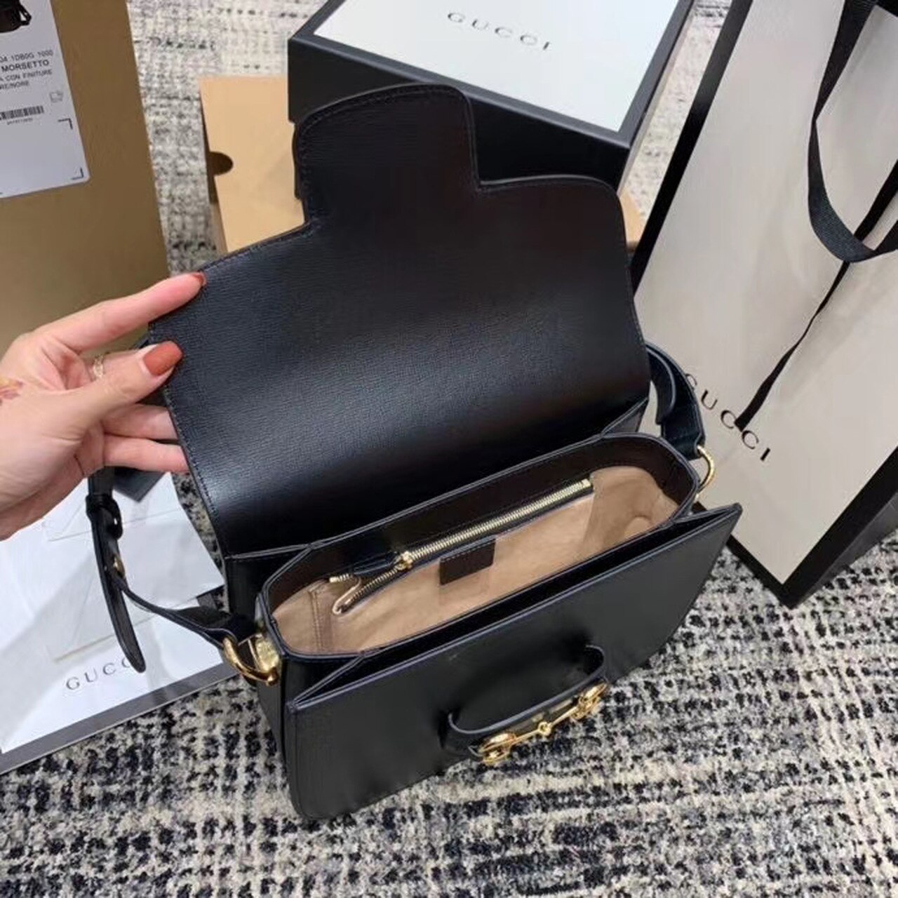 Gucci Horsebit 1955 Shoulder Bag Black Textured With A Vintage Effect For Women 9.8in/25cm GG 602204 1DB0G 1000