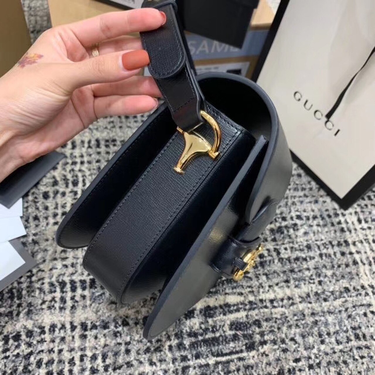 Gucci Horsebit 1955 Shoulder Bag Black Textured With A Vintage Effect For Women 9.8in/25cm GG 602204 1DB0G 1000