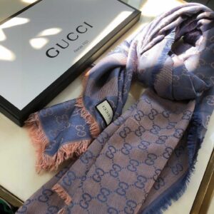 Gucci GG Jacquard Silk Wool Shawl Blue 55in/140cm