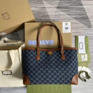 Gucci Ophidia GG Medium Tote Dark Blue And Ivory Eco Washed Organic GG Jacquard Denim For Women 15in/38cm GG 631685 2KQGG 8375