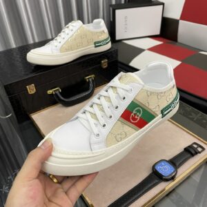 Gucci Men's GG Embroidery Sneaker With Web White And Beige For Men