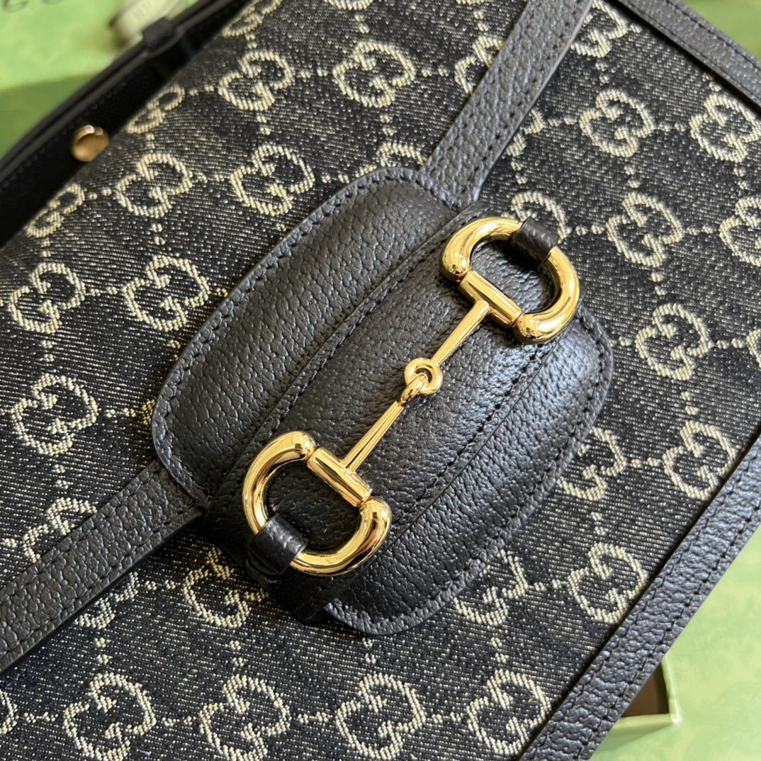 Gucci Horsebit 1955 Shoulder Bag Black And Ivory GG Denim Jacquard For Women 9.8in/25cm 602204 UN3BG 1274 - Image 2