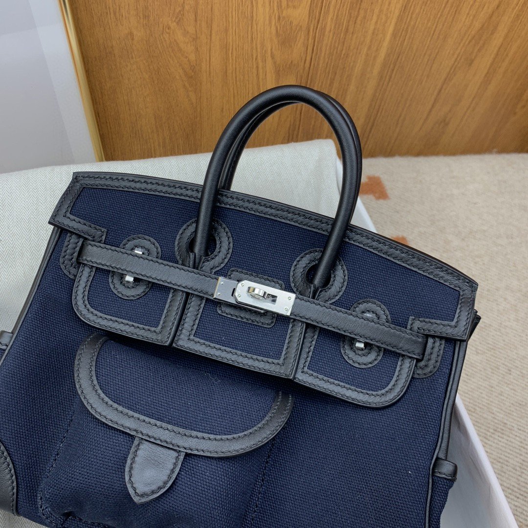 Hermes Birkin Cargo 25 Top Handle Bag 9.8in/ 25cm Dark Blue Silver Hardware For Women