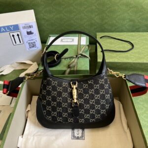 Gucci Jackie 1961 Small Shoulder Bag Black And Ivory GG Denim Jacquard For Women 11in/28cm 678843 UN3AG 1294