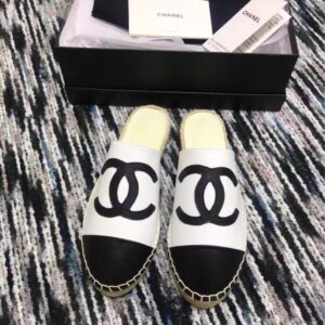 Chanel Mule Espadrille Slides White/Black For Women, Women's Shoes