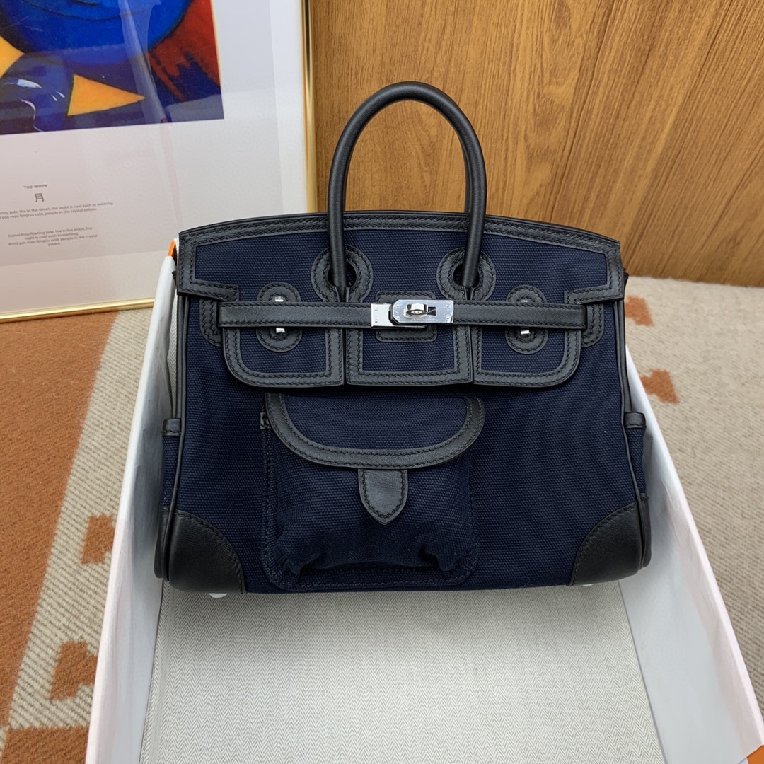 Hermes Birkin Cargo 25 Top Handle Bag 9.8in/ 25cm Dark Blue Silver Hardware For Women