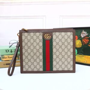 Gucci Ophidia Pouch With Web Beige And Ebony GG Supreme Canvas For Men 9in/24cm GG ‎672989 96IWT 8745