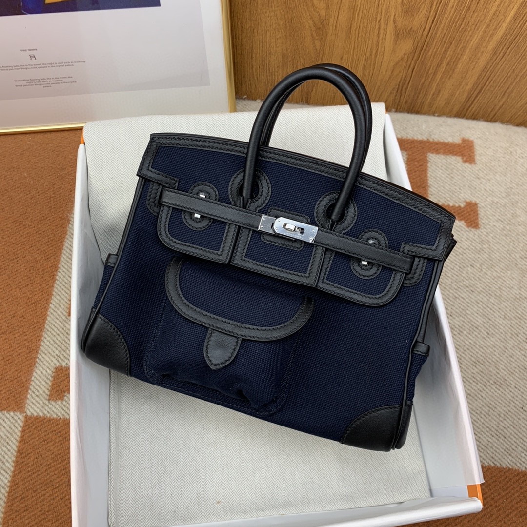 Hermes Birkin Cargo 25 Top Handle Bag 9.8in/ 25cm Dark Blue Silver Hardware For Women