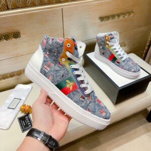 Gucci Men's Basket Jean's High Top With Bee Sneaker Blue For Men