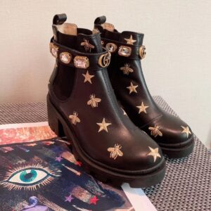 Gucci Star And Bee Embroidered Trip Ankle Boots Black For Women GG