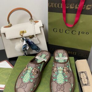 Gucci Men's GG Slipper With Horsebit Brown in Pineapple Print For Men GG Shoes ‎694249