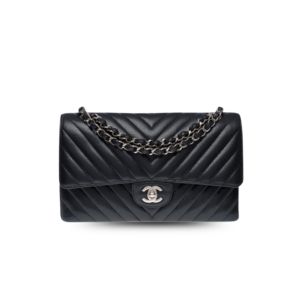 Chanel Chevron Classic Medium Crossbody Bag 10in/ 25.5cm Black Silver Hardware For Women