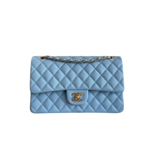 Chanel Classic Double Flap Bag Crossbody 10in/ 25cm Light Blue Gold Hardware For Women
