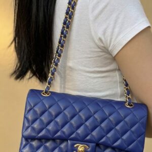 Alternative view of Chanel Classic Double Flap Bag Medium Crossbody 10in/ 25.5cm Blue Gold Hardware For Women A01112