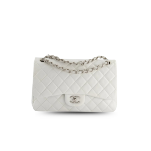 Chanel Classic Double Flap Bag Medium Crossbody 10in/ 25.5cm White Silver Hardware For Women