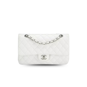 Chanel Classic Flap Bag Medium Crossbody 10in/ 25.5cm White Silver Hardware For Women