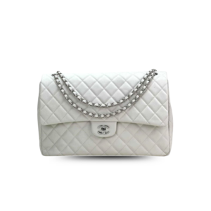 Chanel Classic Maxi Jumbo XL Crossbody Bag 13.8in/ 35cm White Silver Hardware For Women