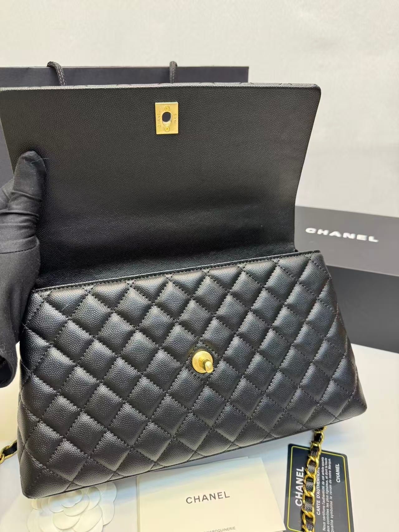 Chanel Coco Large Top Handle Bag 11in/ 28cm Black Gold Hardware For Women A92991
