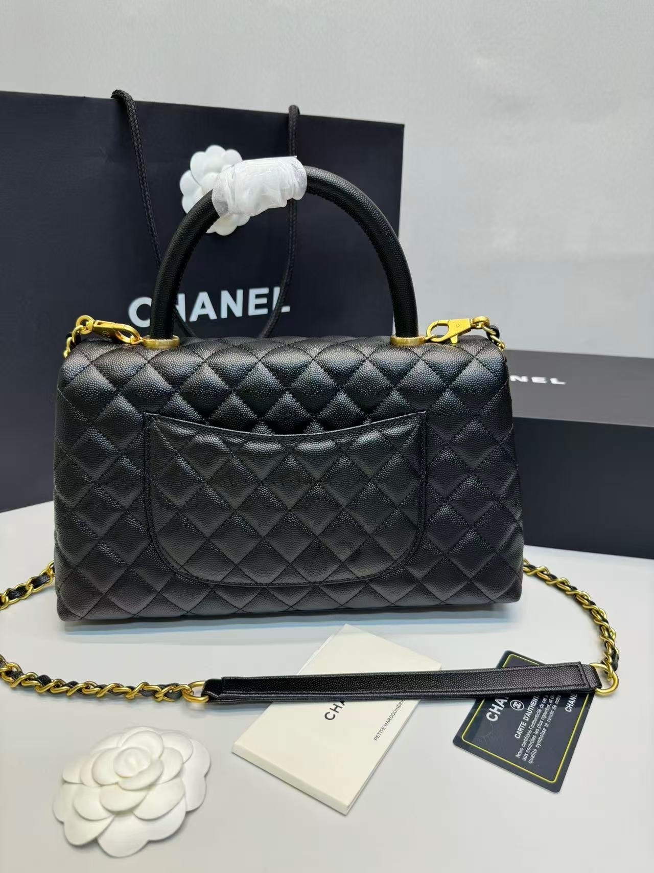 Chanel Coco Large Top Handle Bag 11in/ 28cm Black Gold Hardware For Women A92991