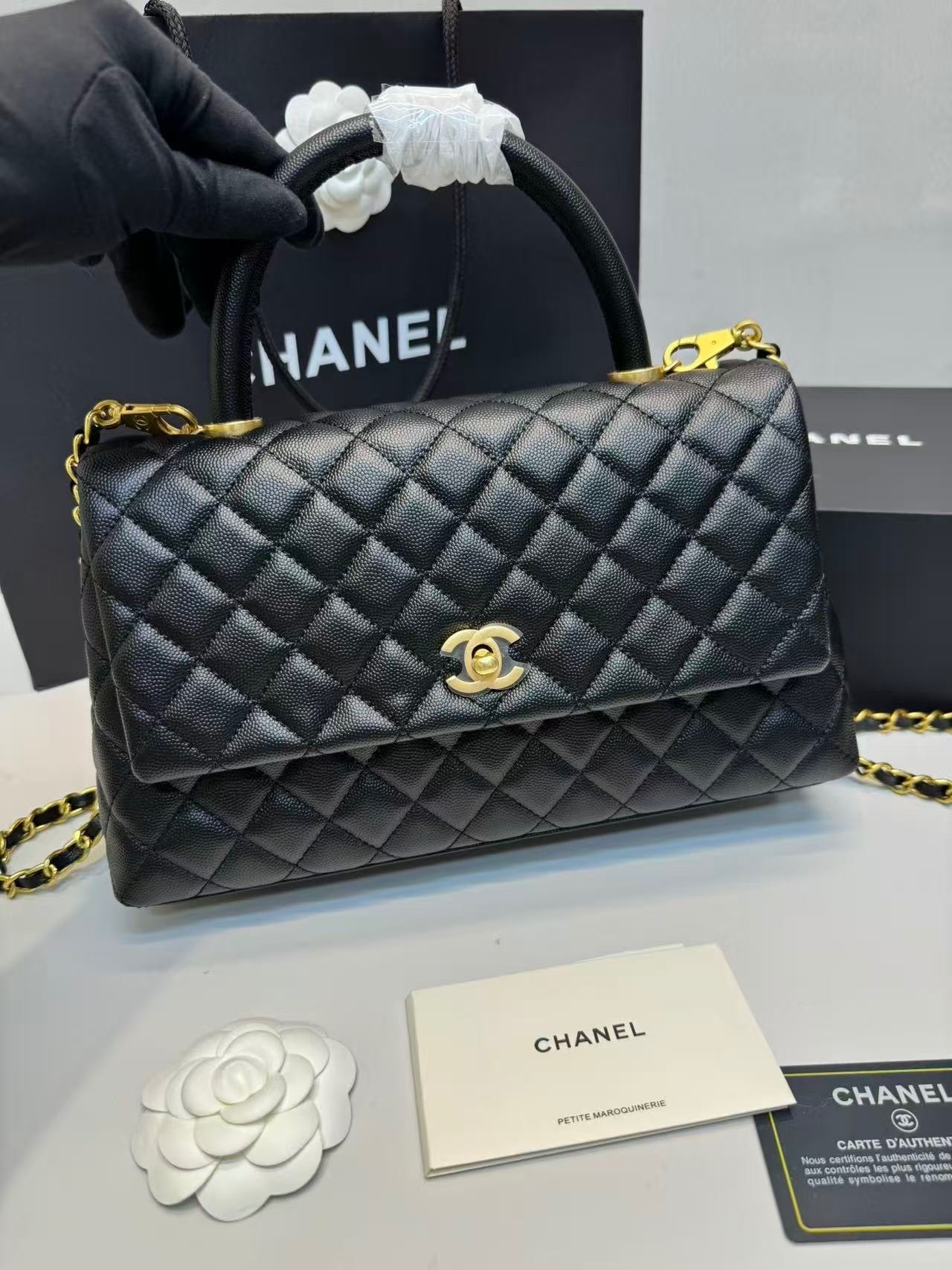 Chanel Coco Large Top Handle Bag 11in/ 28cm Black Gold Hardware For Women A92991