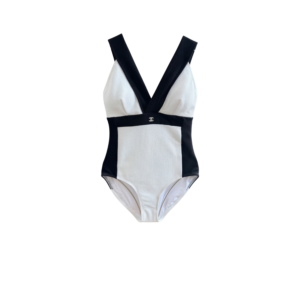 Chanel Color-Block Textured One-Piece Swimsuit Black/ White For Women