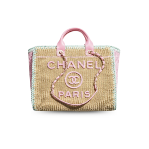 Chanel Deauville Small Tote Bag 12.6in/ 32cm Light Pink/ Beige Raffia Gold Hardware For Women
