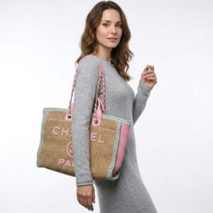 Alternative view of Chanel Deauville Small Tote Bag 12.6in/ 32cm Light Pink/ Beige Raffia Gold Hardware For Women