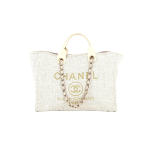 Chanel Deauville Tote Bag 15in/ 38cm Beige Tweed Canvas Gold Hardware For Women