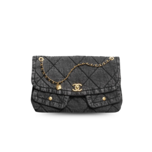 Chanel Flap Bag Maxi Crossbody 17.7in/ 45cm Black Denim Gold Hardware For Women AS5727 B22144 94305