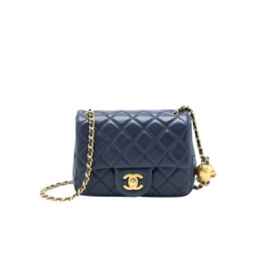 Chanel Flap Bag With CC Ball On Strap Mini Crossbody 6.6in/ 17cm Navy Blue Gold Hardware For Women AS1786