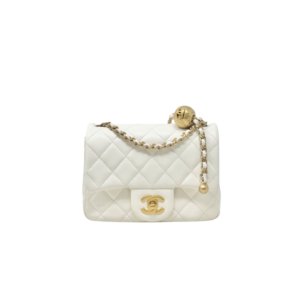 Chanel Flap Bag With CC Ball On Strap Mini Crossbody 6.6in/ 17cm White Gold Hardware For Women AS1786