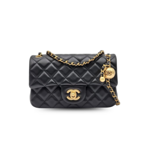 Chanel Flap Bag With CC Ball On Strap Small Crossbody 7.8in/ 20cm Black Gold Hardware For Women AS1787