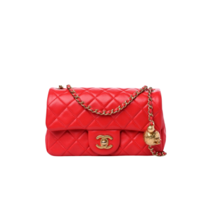 Chanel Flap Bag With CC Ball On Strap Mini Crossbody 7.8in/ 20cm Red Gold Hardware For Women AS1787