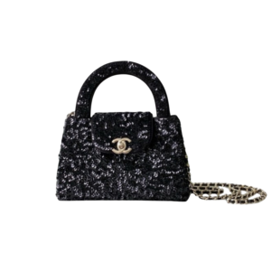 Chanel Kelly Sequin Top Handle Bag 7.8in/ 19cm Black Gold Hardware For Women