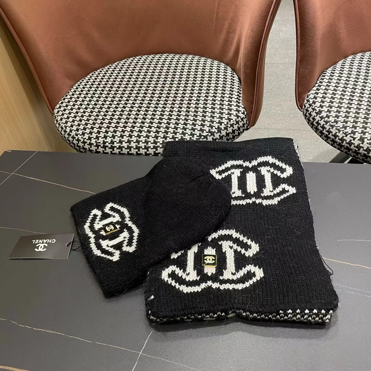 Chanel Knit Beanie & Scarf Set CC Logo Black