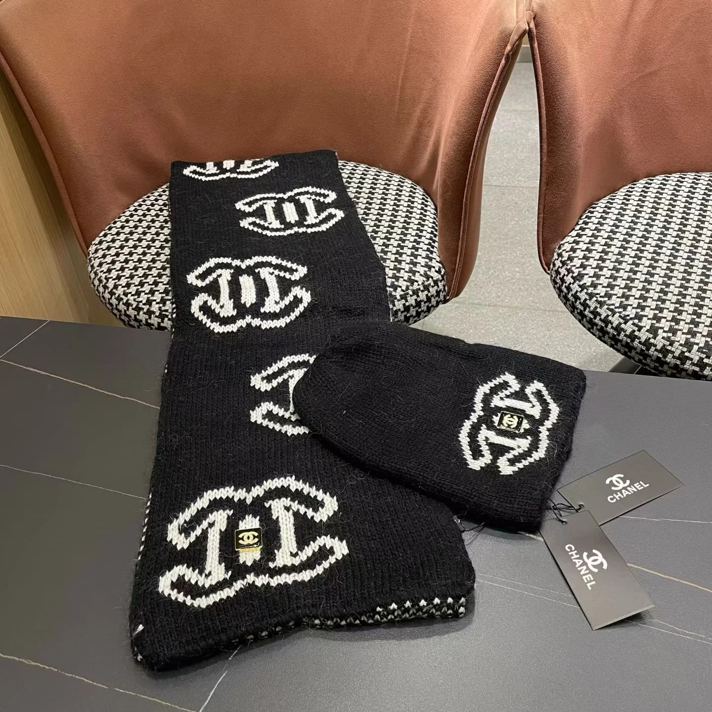 Chanel Knit Beanie & Scarf Set CC Logo Black