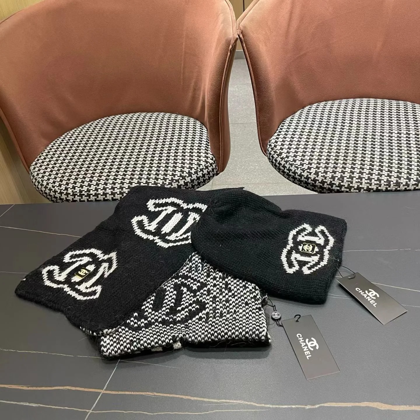 Chanel Knit Beanie & Scarf Set CC Logo Black