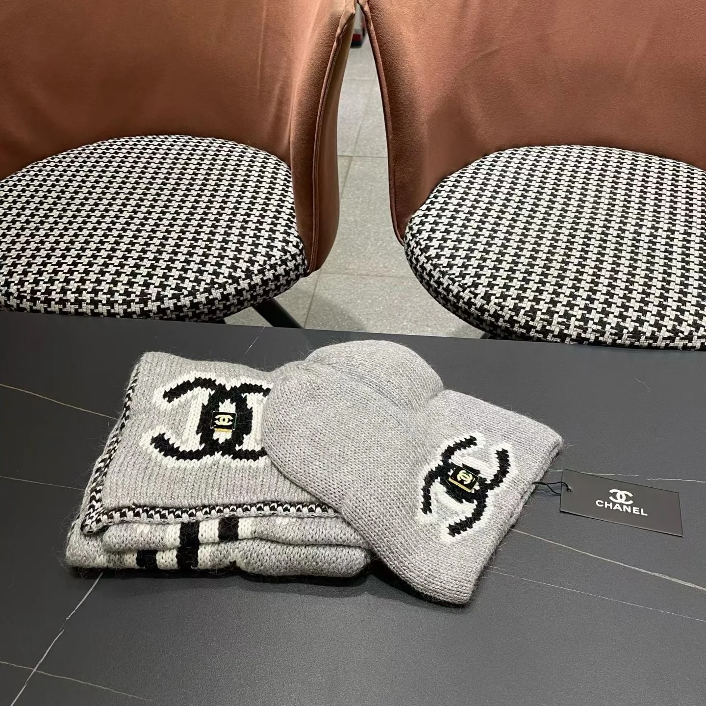 Chanel Knit Beanie & Scarf Set CC Logo Grey