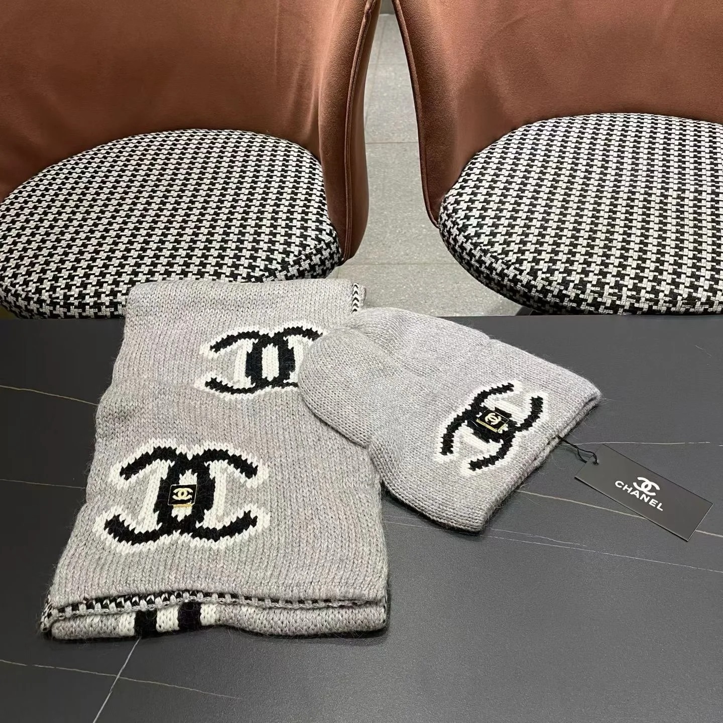 Chanel Knit Beanie & Scarf Set CC Logo Grey